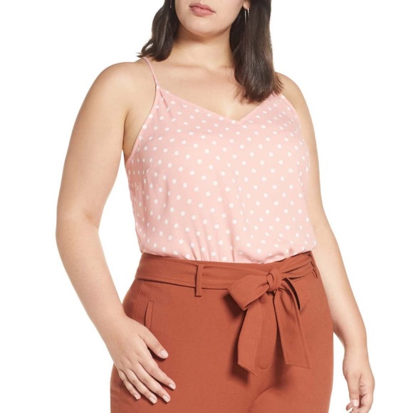 Halogen Pink Polka Dot V Neck Spaghetti Strap Camisole Tank Top - Picture 2 of 5